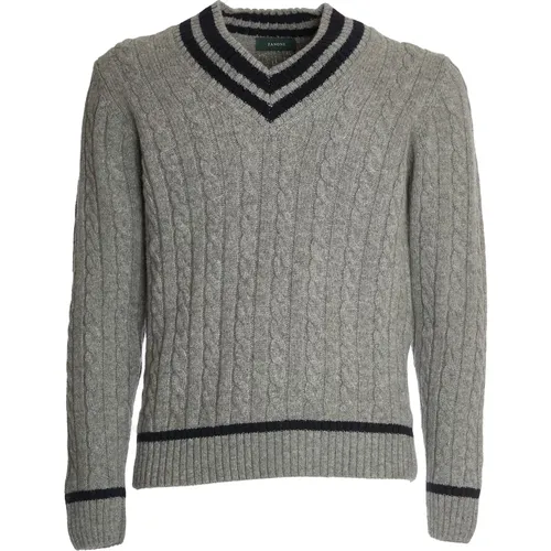 Eleganter Woll V-Ausschnitt Pullover Grau Blau , Herren, Größe: L - Zanone - Modalova