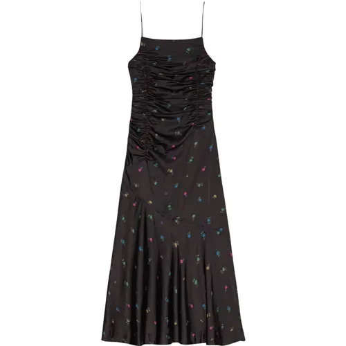 Schwarzes Blumen Gerafftes Asymmetrisches Kleid , Damen, Größe: XS - Ganni - Modalova