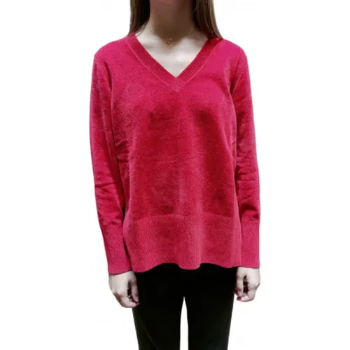Roter V-Ausschnitt Chenille Pullover , Damen, Größe: L - RRD - Modalova