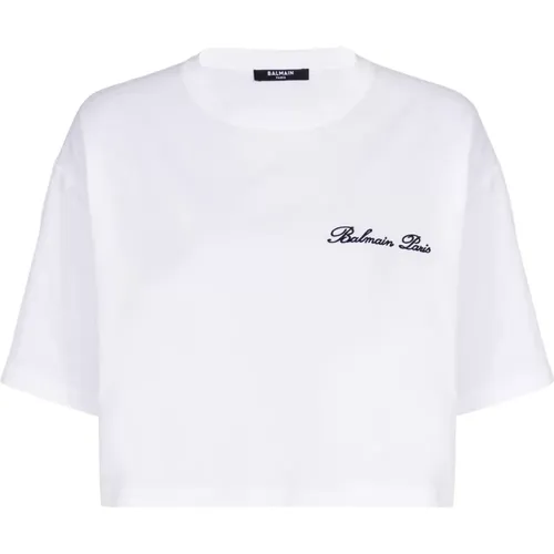 T-Shirt mit Signaturstickerei , Damen, Größe: S - Balmain - Modalova