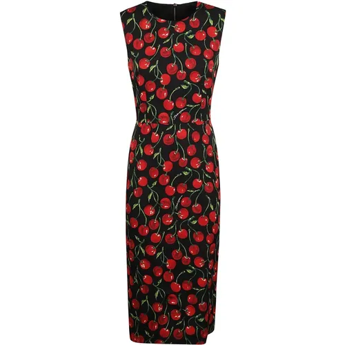 Cherry Print Midi Dress Black/Red/Green , female, Sizes: 2XS, XS - Dolce & Gabbana - Modalova