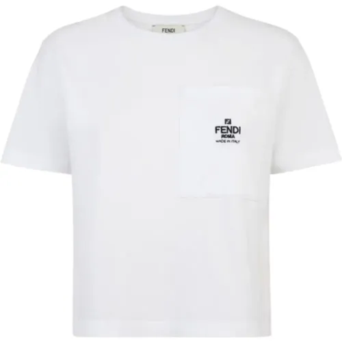 Kurzarm Baumwoll-Jersey T-Shirt mit Schwarzer Roma Tasche,Weiße T-Shirt mit besticktem Logo - Fendi - Modalova