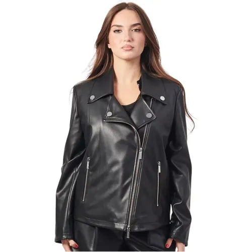 Schwarze Lederkurze Jacke mit Reißverschluss , Damen, Größe: M - Armani Exchange - Modalova