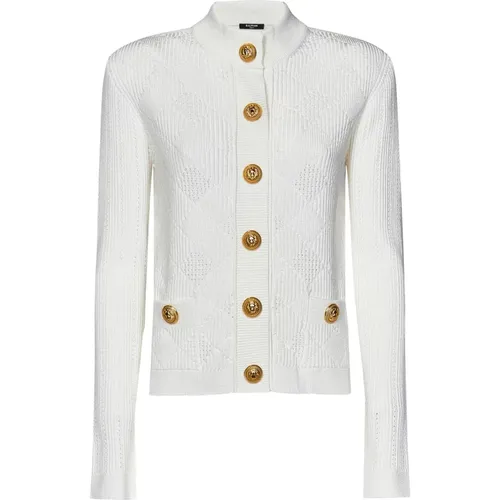 Weißer Lochstrick Vichy Strickjacke - Balmain - Modalova