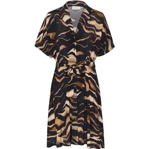 Tiger Print Kleid mit Gürtel , Damen, Größe: 2XL - Kaffe - Modalova