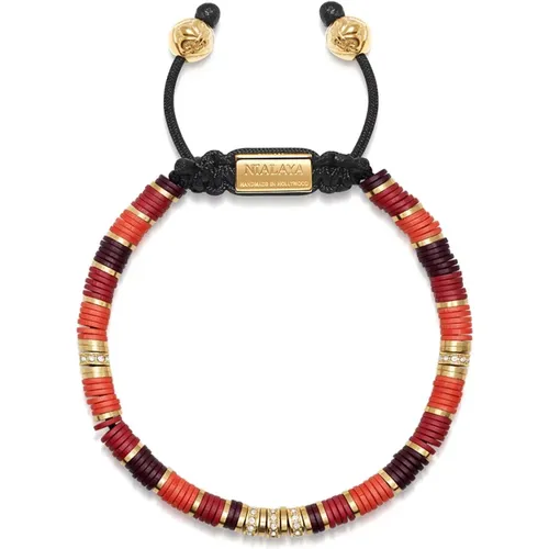 Men`s Beaded Bracelet with Red Disc Beads and Clear CZ - Nialaya - Modalova