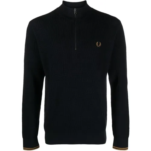 Blaue Halbzip Baumwollpullover , Herren, Größe: M - Fred Perry - Modalova