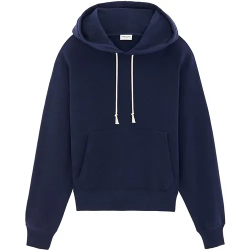 Blaue Baumwollkapuzenpullover mit Logo-Stickerei , Herren, Größe: M - Saint Laurent - Modalova