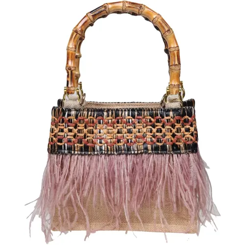 Pink Fringed Handbag with Bamboo Handles , female, Sizes: ONE SIZE - La Milanesa - Modalova