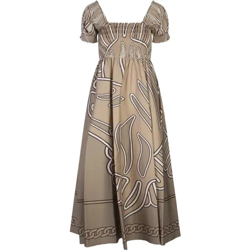 Printed Midi Dress Brown Flounced Smocked , female, Sizes: L - TORY BURCH - Modalova