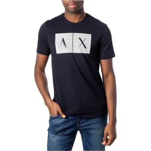 Blau bedrucktes Rundhals-T-Shirt für Männer - Armani Exchange - Modalova
