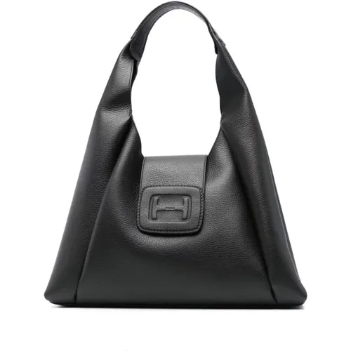 Schwarze Gehämmerte Leder Hobo Tasche - Hogan - Modalova