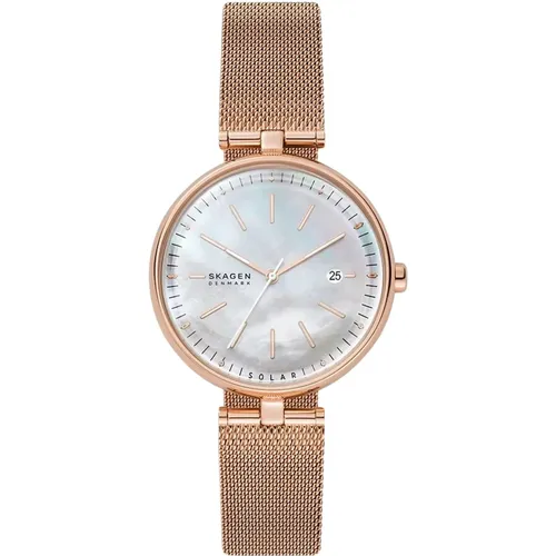 Rose-Tone Solar-Powered Mesh Watch , female, Sizes: ONE SIZE - skagen - Modalova