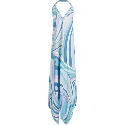 Blue Silk Long Dress V-neckline , female, Sizes: 2XS - EMILIO PUCCI - Modalova