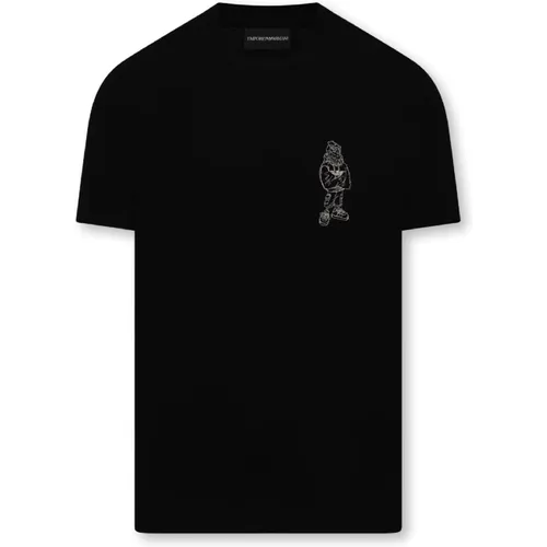 Schwarzes Kurzarm-T-Shirt aus Baumwolle mit gesticktem Adler-Cartoon-Logo - Emporio Armani - Modalova