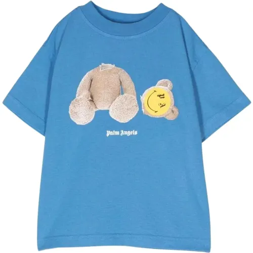 Blaues Kinder T-Shirt mit Teddy und Logo-Print - Palm Angels - Modalova
