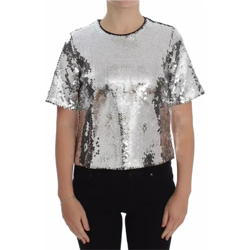 Silbernes Pailletten Blusen T-Shirt mit Rundhalsausschnitt , Damen, Größe: 2XS - Dolce & Gabbana - Modalova