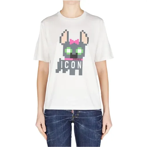 Weiße Baumwoll-Pixel-Logo-T-Shirt , Damen, Größe: XS - Dsquared2 - Modalova