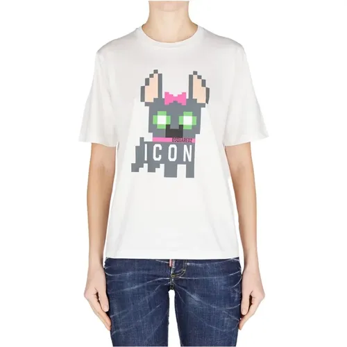 Weiße Baumwoll-Pixel-Logo-T-Shirt , Damen, Größe: S - Dsquared2 - Modalova