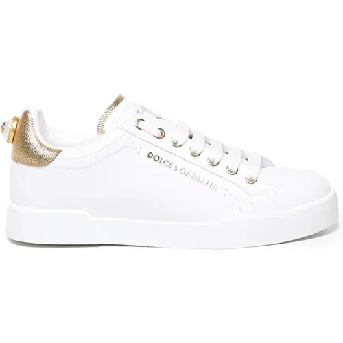 Weiß Gold Leder Sneakers , Damen, Größe: 38 1/2 EU - Dolce & Gabbana - Modalova