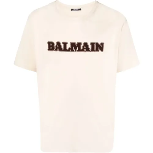 Flocked Logo Baumwoll T-shirt - Balmain - Modalova