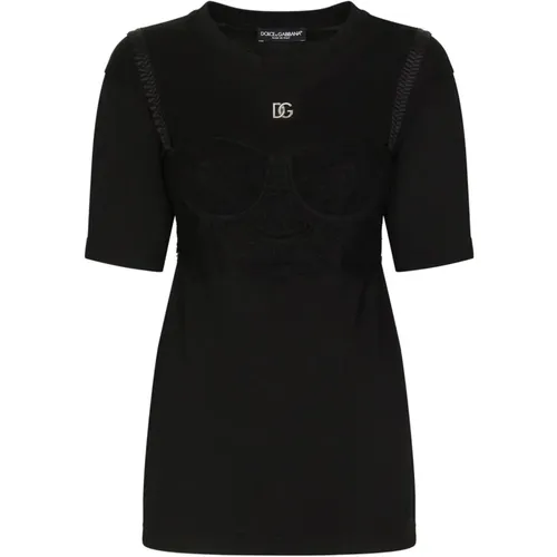Schwarzes T-Shirt mit BH-Details und kurzen Ärmeln - Dolce & Gabbana - Modalova
