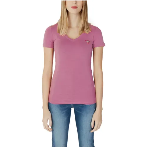 Rosa V-Ausschnitt T-Shirt , Damen, Größe: M - Guess - Modalova