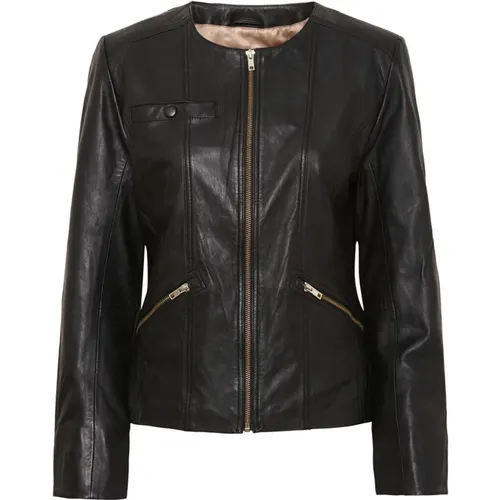 Schwarze Leder Bikerjacke mit Goldakzenten - BTFCPH - Modalova