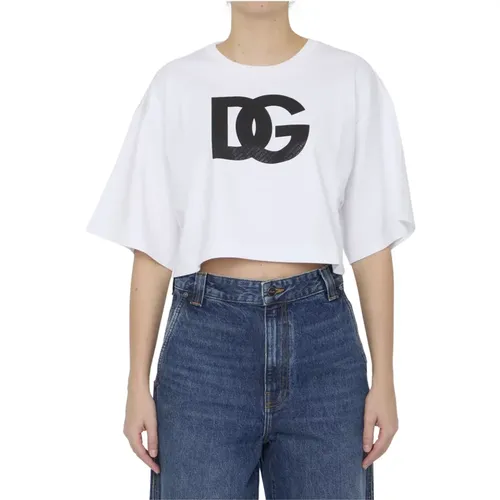 Weiße Kurzärmelige Crop T-Shirt mit DG Logo , Damen, Größe: 3XS - Dolce & Gabbana - Modalova