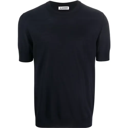 Navy Blaues Woll-Kurzarm-T-Shirt , Herren, Größe: L - Jil Sander - Modalova