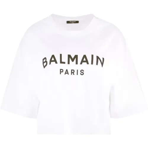 Geripptes Baumwoll-Crew-Neck T-Shirt , Damen, Größe: M - Balmain - Modalova