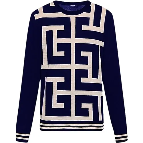 Navy and White Monogram Jacquard Wool Sweater , female, Sizes: S, L, M - Balmain - Modalova