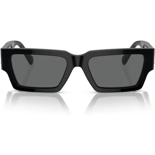 Rechteckige Sonnenbrille mit dunkelgrauer Linse und glänzendem schwarzem Rahmen - Versace - Modalova