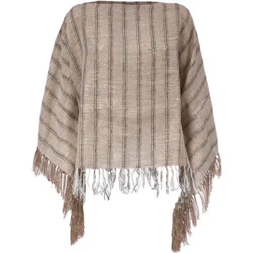 Vertical Striped Fringed Linen Poncho , female, Sizes: ONE SIZE - BRUNELLO CUCINELLI - Modalova