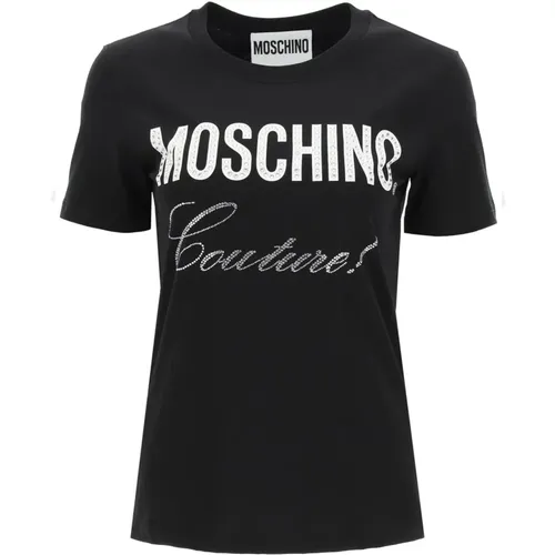 Schwarzes T-Shirt mit Kristallverzierung für Frauen , Damen, Größe: 3XS - Moschino - Modalova