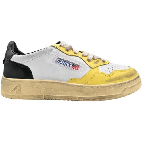 Vintage Low Leather Sneakers White Yellow , male, Sizes: 8 UK, 7 UK, 6 UK - Autry - Modalova