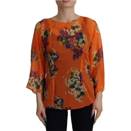 Elegant Floral Silk Blouse with Back Zipper , female, Sizes: XS - Dolce & Gabbana - Modalova