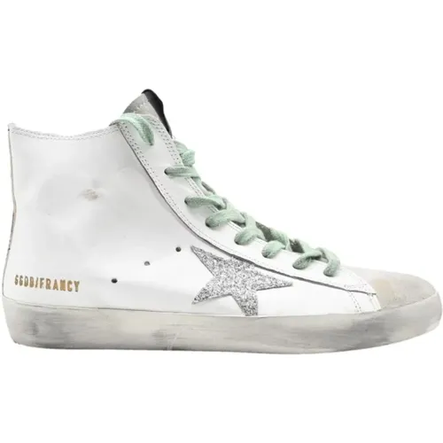 White Glitter Green High Top Sneakers , male, Sizes: 5 UK - Golden Goose - Modalova