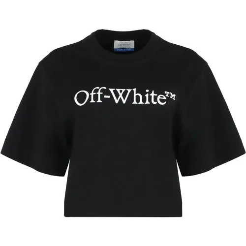 Gekürztes Baumwoll-T-Shirt mit Logodruck , Damen, Größe: S - Off White - Modalova