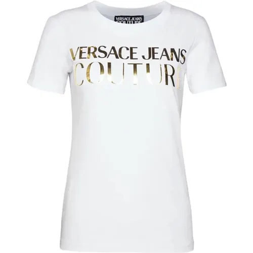 Bianca Damen T-Shirt mit Kurzen Ärmeln und Logo , Damen, Größe: M - Versace Jeans Couture - Modalova