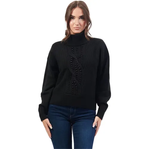 Schwarzer Pullover mit hohem Kragen und Applikationen , Damen, Größe: XL - Fracomina - Modalova