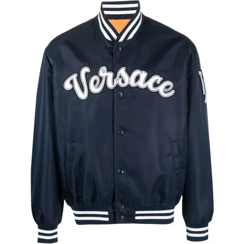 Navy Logo Patch Bomber Jacket , male, Sizes: M, L, XL - Versace - Modalova