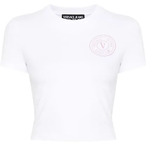 Weißes T-Shirt mit V-Emblem Logo Print , Damen, Größe: XS - Versace Jeans Couture - Modalova