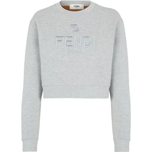 Embroidered Crewneck Sweatshirt Grey Cotton , female, Sizes: XS, L, S, M - Fendi - Modalova