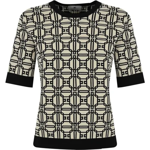 Kurzarm Jacquard Top mit Logo-Druck , Damen, Größe: XL - Elisabetta Franchi - Modalova