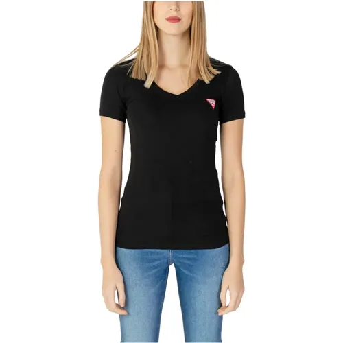 Schwarzes V-Ausschnitt T-Shirt für Frauen , Damen, Größe: L - Guess - Modalova