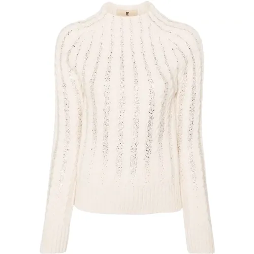 Cable Knit Sweater with Rhinestone Embellishment , female, Sizes: L, M - Ermanno Scervino - Modalova