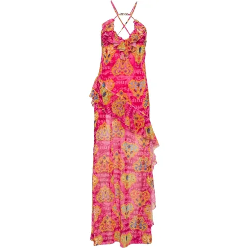 Fuchsia Chiffon Heart Print Maxi Dress , Damen, Größe: XS - Versace Jeans Couture - Modalova