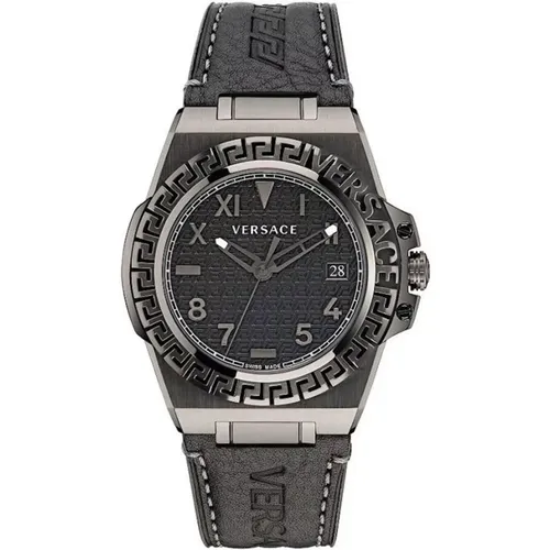 Black Leather Quartz Watch , male, Sizes: ONE SIZE - Versace - Modalova