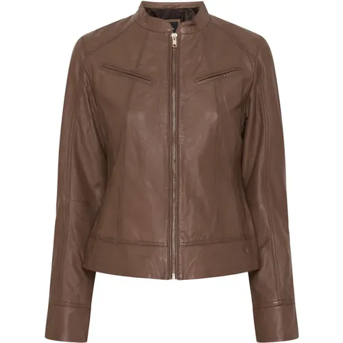 Deep Taupe Biker Jacket with Shiny Silver Accents , female, Sizes: L - Btfcph - Modalova